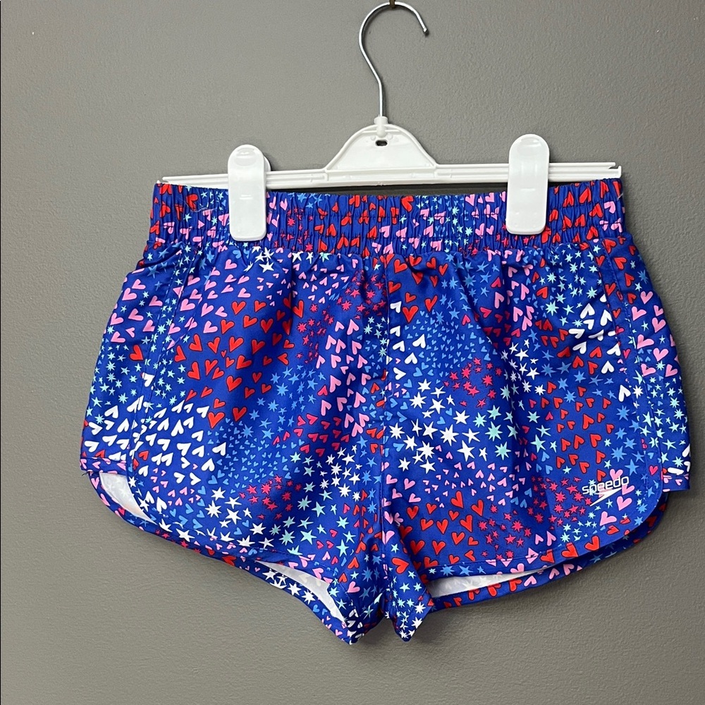 Speedo Girl’s Dazzling Blue Colorful Heart and Star Print Shorts - Size XL